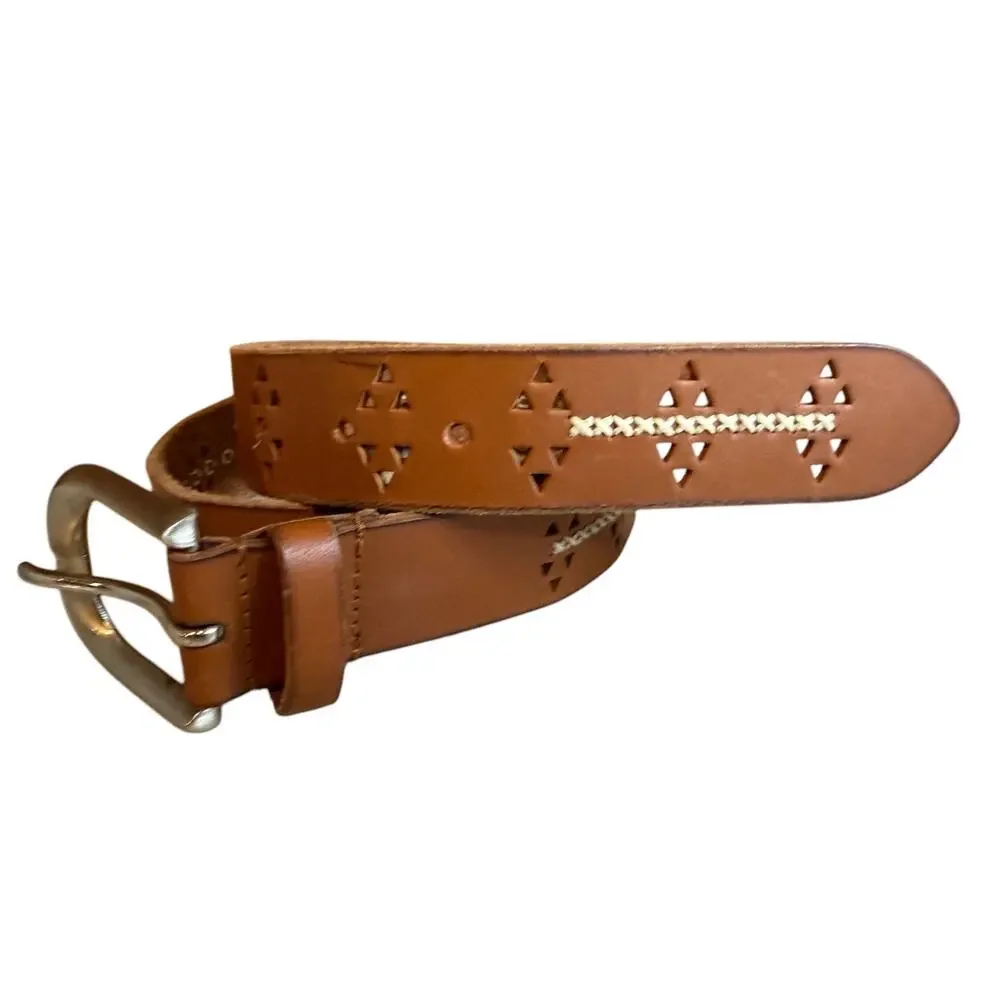 Lucky Brand Southwestern Detail Whipstitch Leather Belt Brown S